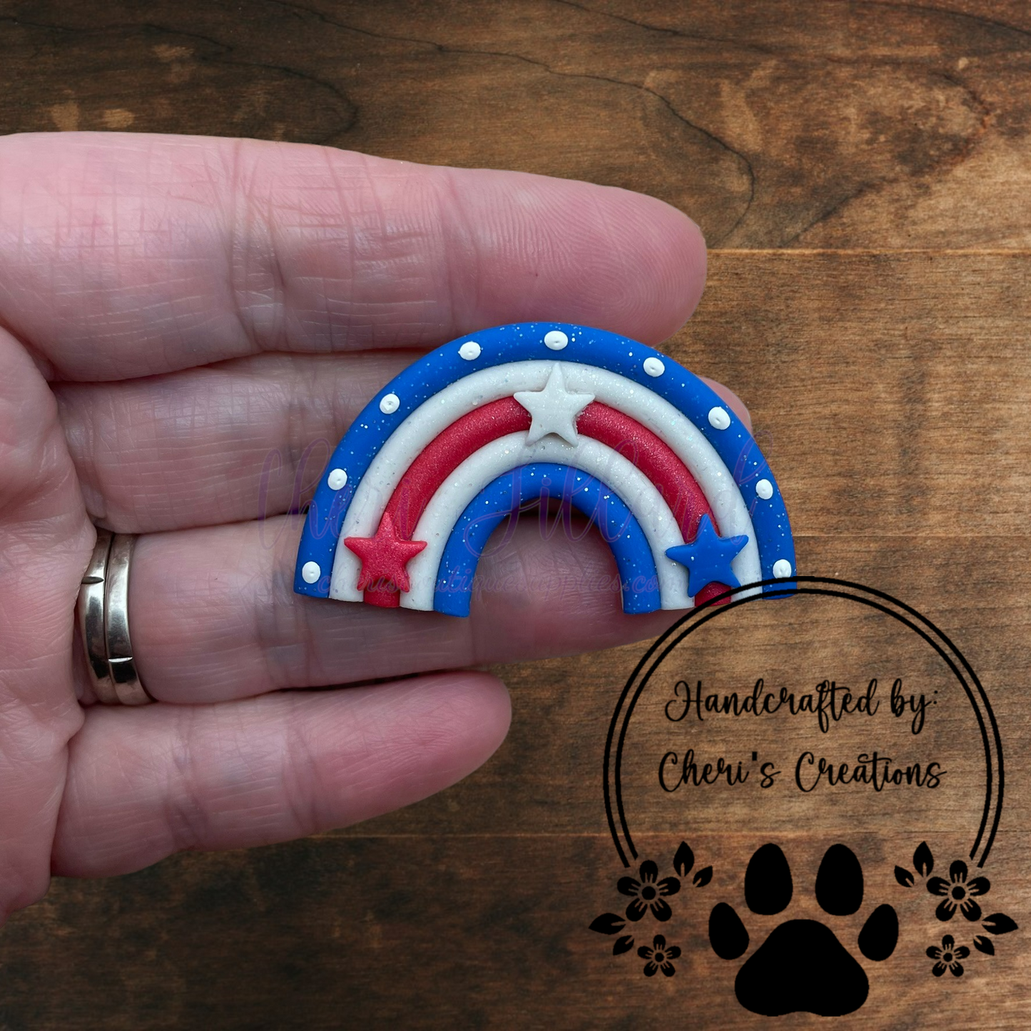 Patriotic Rainbow Bow Center – Handmade Polymer Clay Embellishment