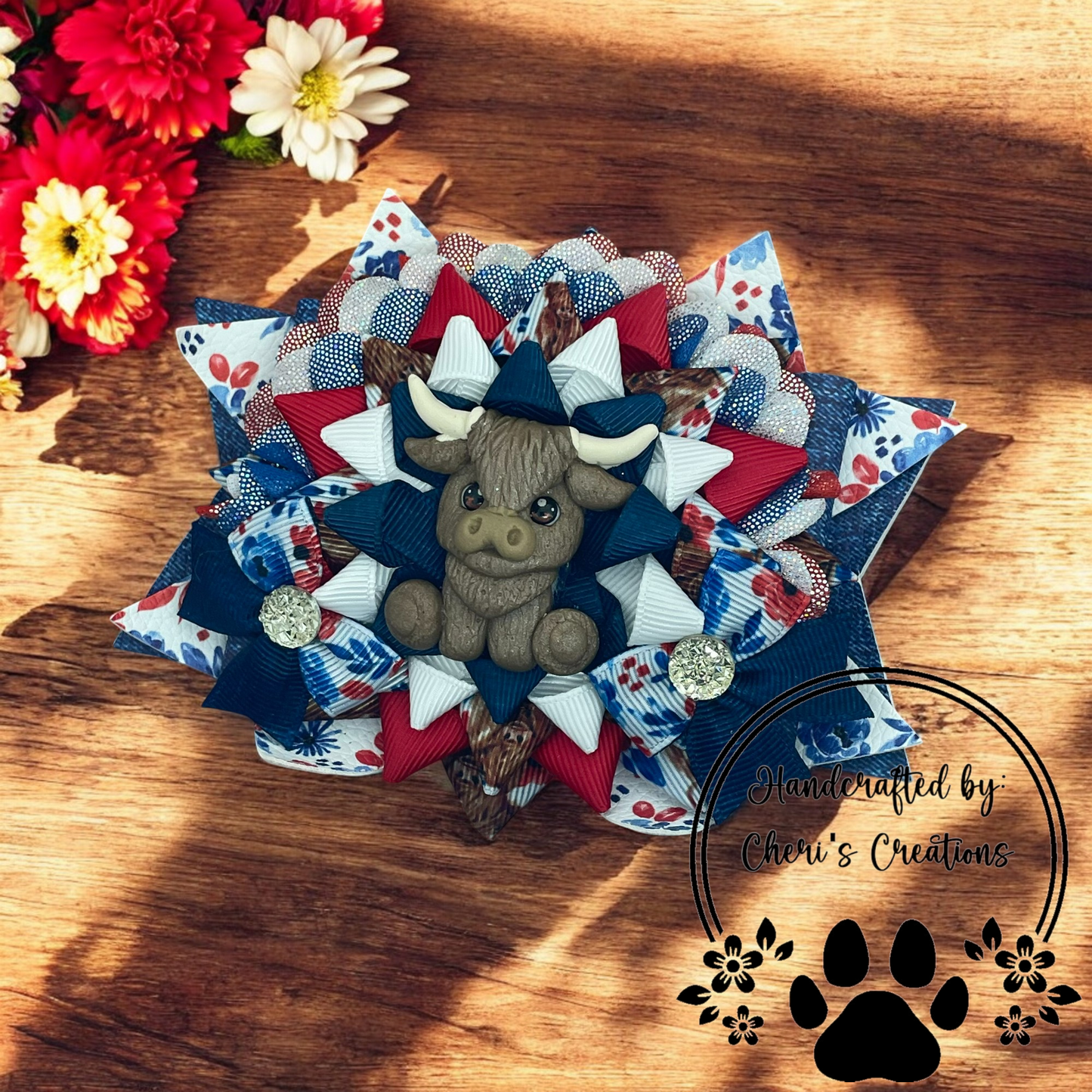 Patriotic Highland Cow Over the Top Handmade Faux Leather and Ribbon Hair Bow