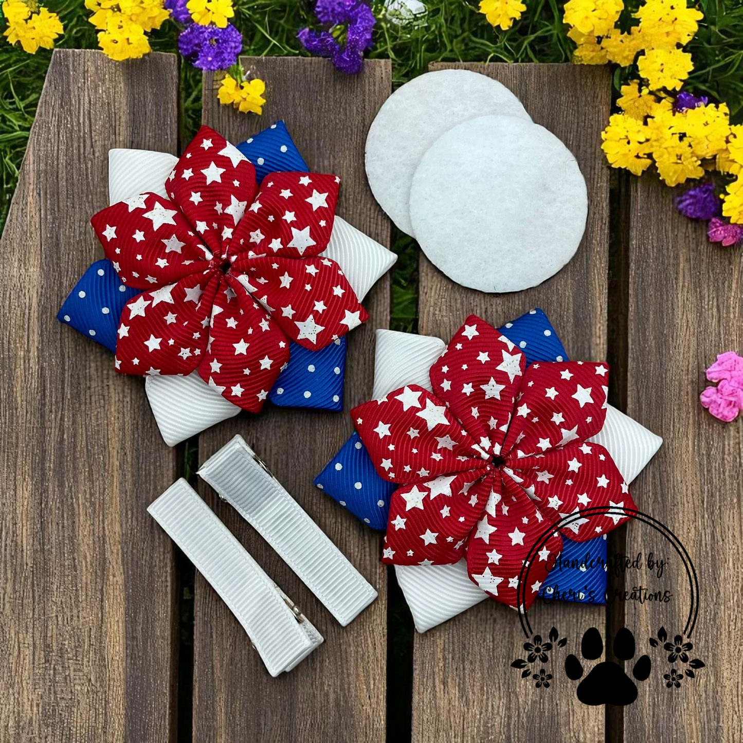 Patriotic Stars DIY Flower Bow Kit on Bold Red Ribbon – Perfect for Holiday Crafting