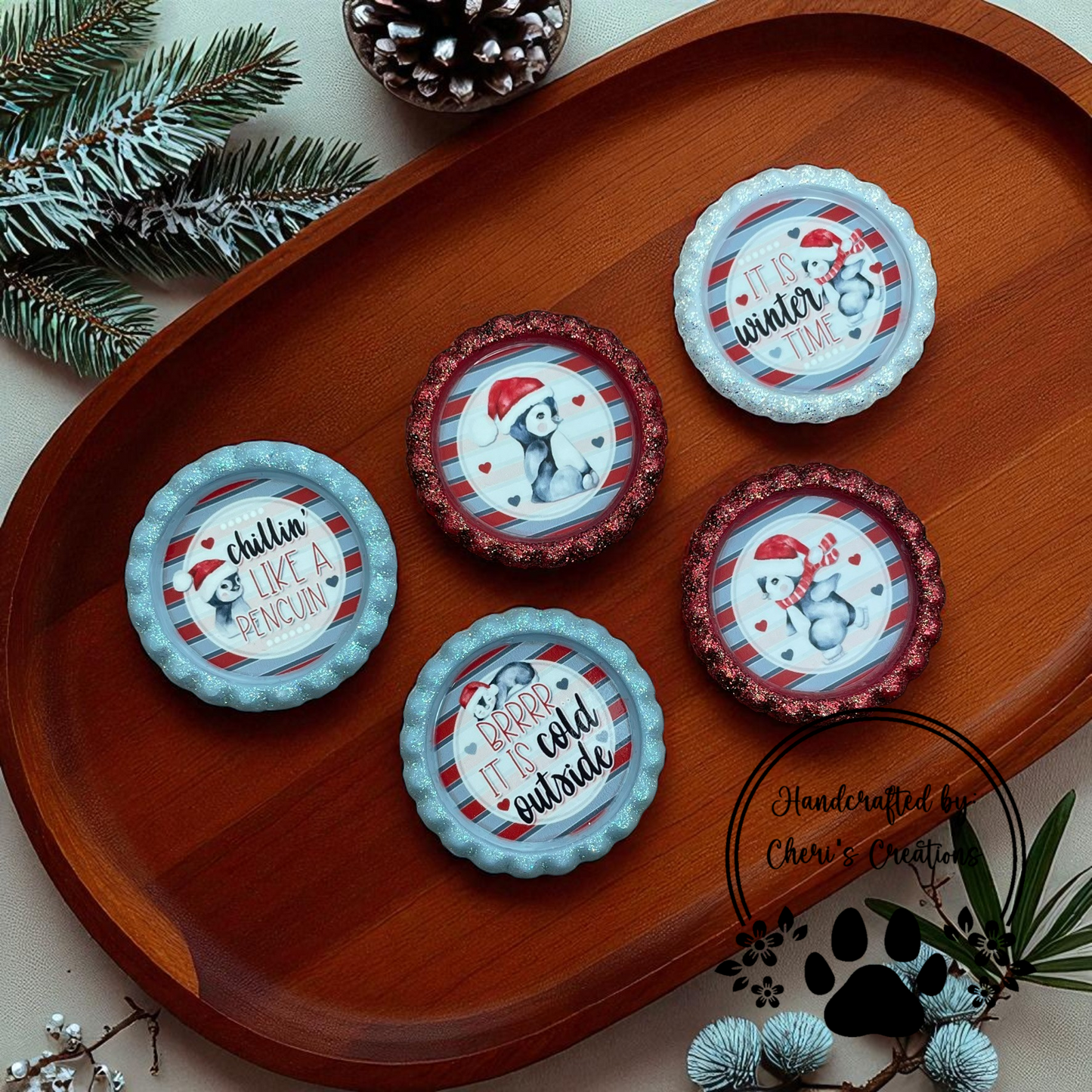 Winter Penguin Bottle Cap Set