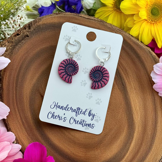 Handmade Pink Ammonite Dangle Earrings | Polymer Clay Fossil Earrings | Coastal Jewelry