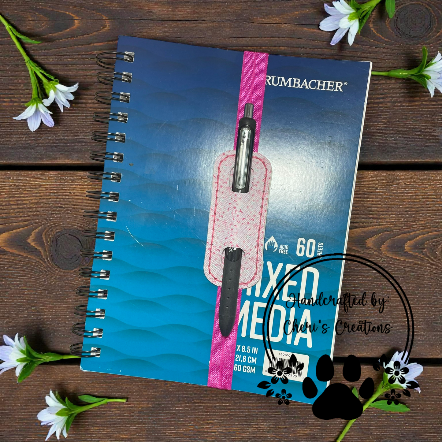 Pen Holder - Pink Floral Elastic Pen Bookmark