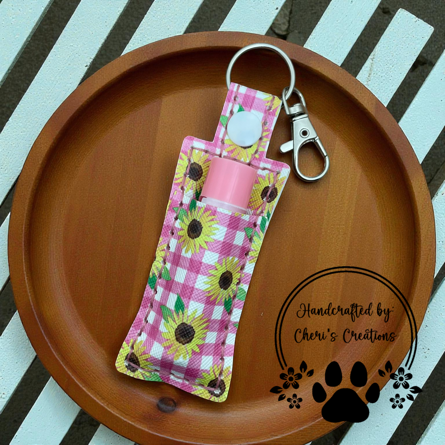 Chapstick Keychain - Pink Gingham Sunflowers Lip Balm Holder