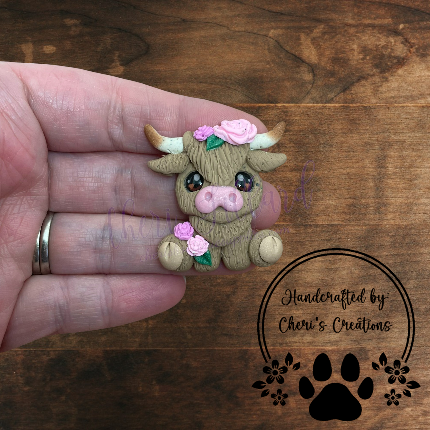 Pink Floral Highland Cow Bow Center – Handmade Polymer Clay Embellishment