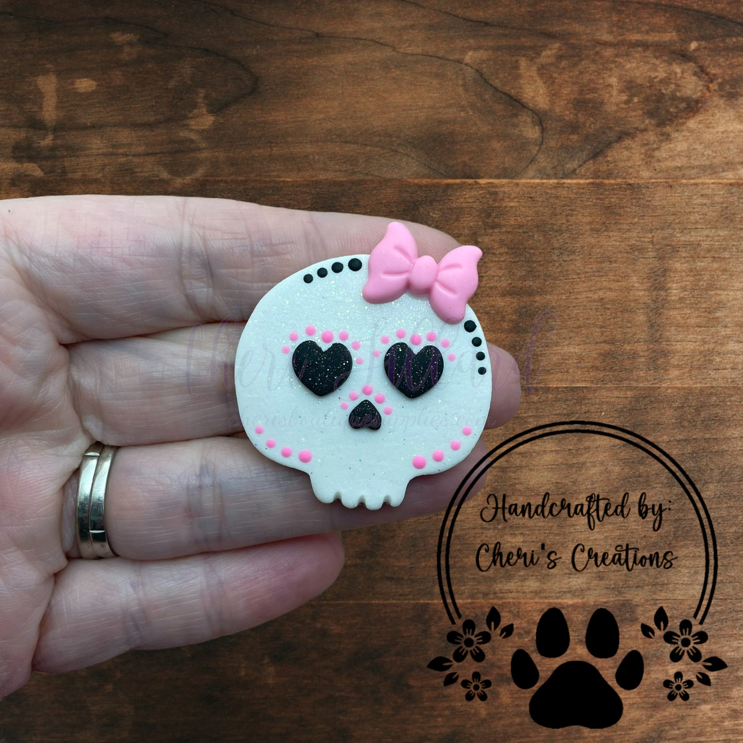 Pink Sugar Skull Bow Center – Handmade Polymer Clay Embellishment