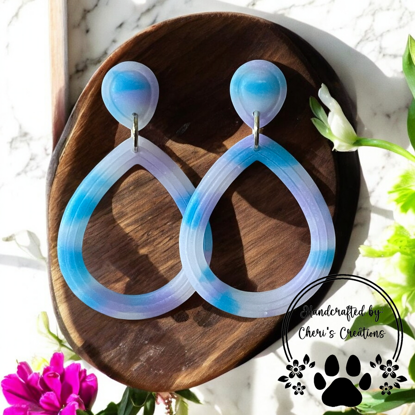 Watercolor Teardrops Polymer Clay Dangle Earrings