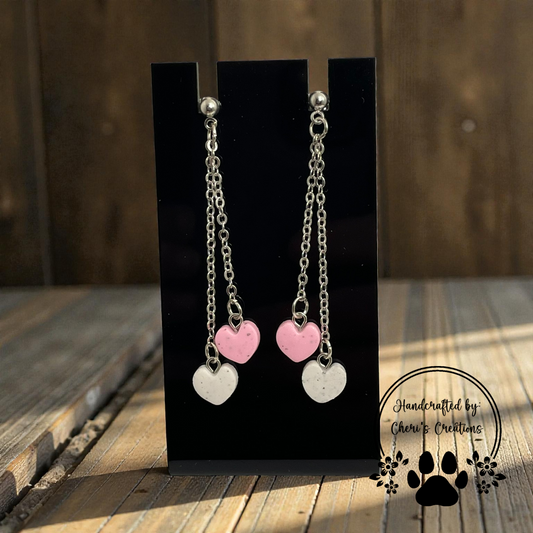 Pink & White Heart Dangle Earrings – Handmade Polymer Clay Earrings