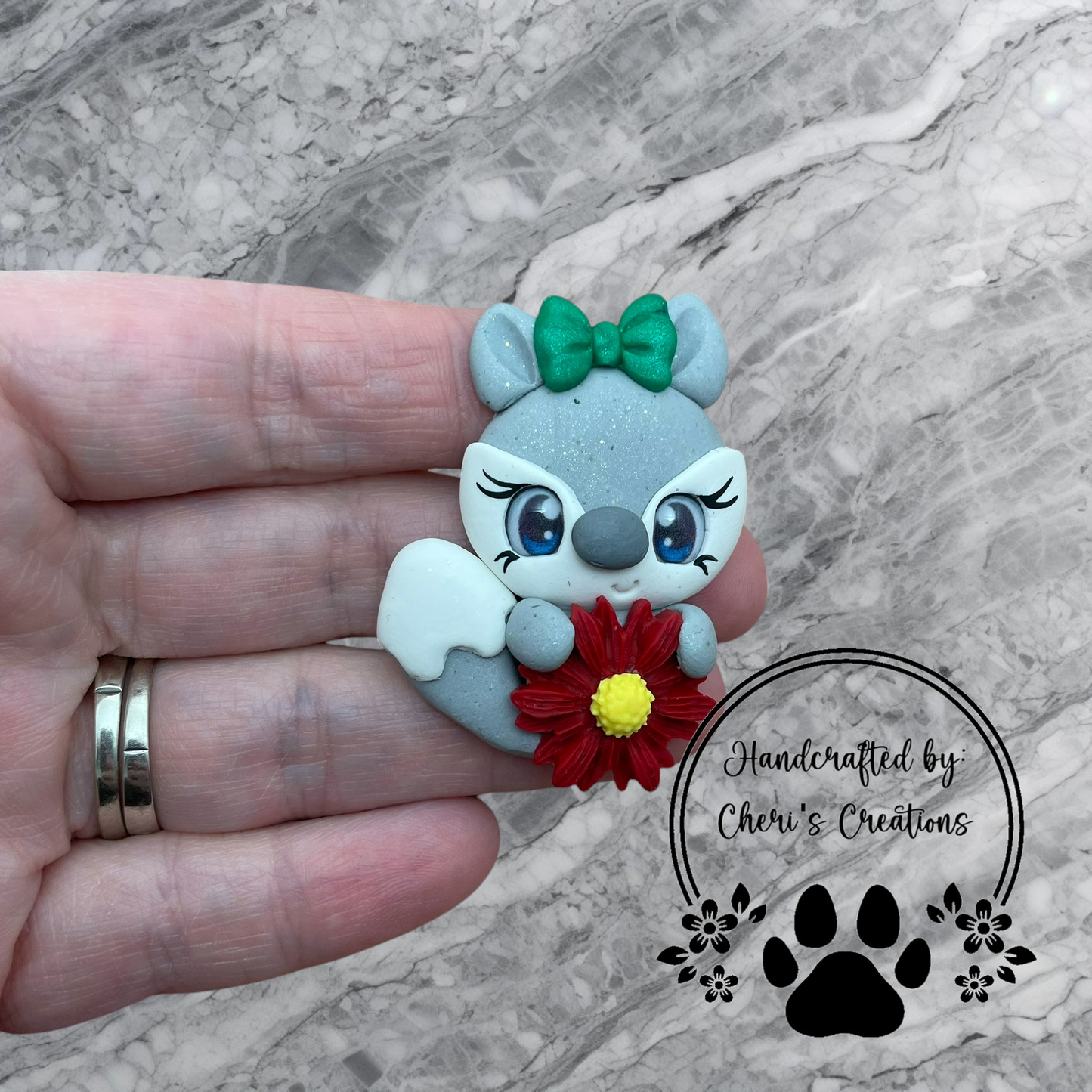Poinsettia Fox Bow Center – Handmade Polymer Clay Embellishment