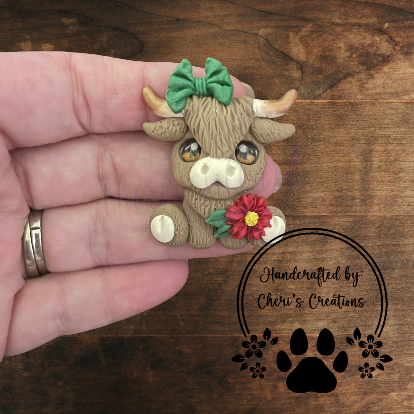 Poinsettia Highland Cow Bow Center – Handmade Polymer Clay Embellishment
