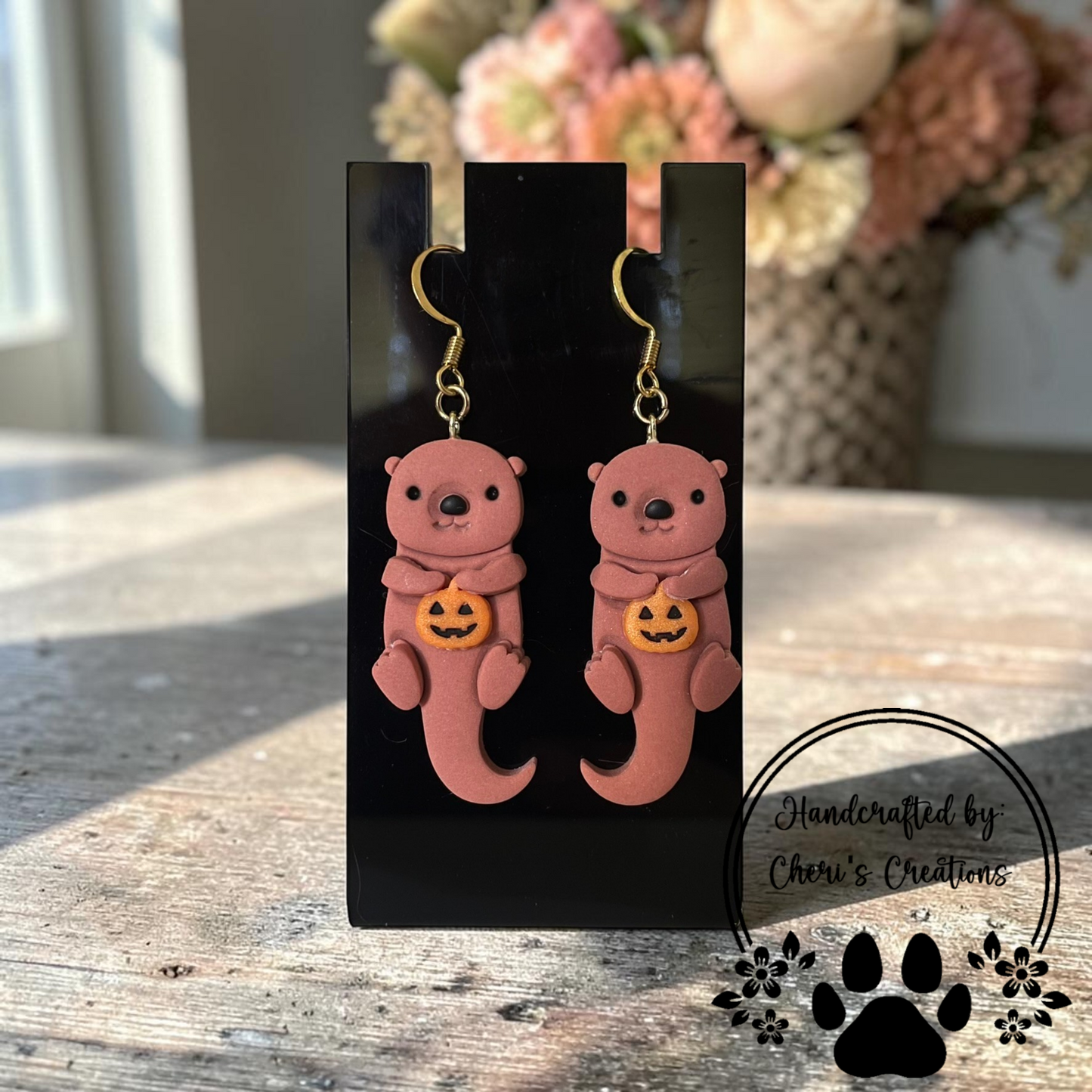 Pumpkin Otter Earrings - Handmade Polymer Clay Dangle Earrings