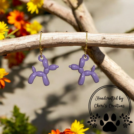 Playful Purple Balloon Dog Enamel Dangle Earrings