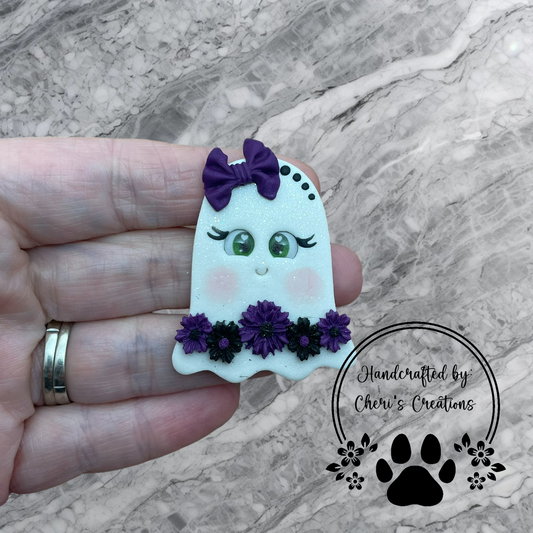 Spooky & Sweet Purple Floral Ghost Polymer Clay Embellishment