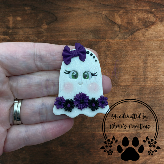 Purple Floral Ghost Bow Center – Handmade Polymer Clay Embellishment