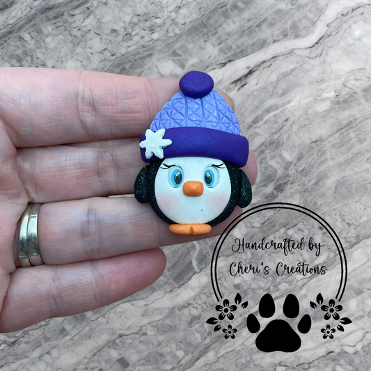 Whimsical Purple Beanie Penguin Polymer Clay Embellishment