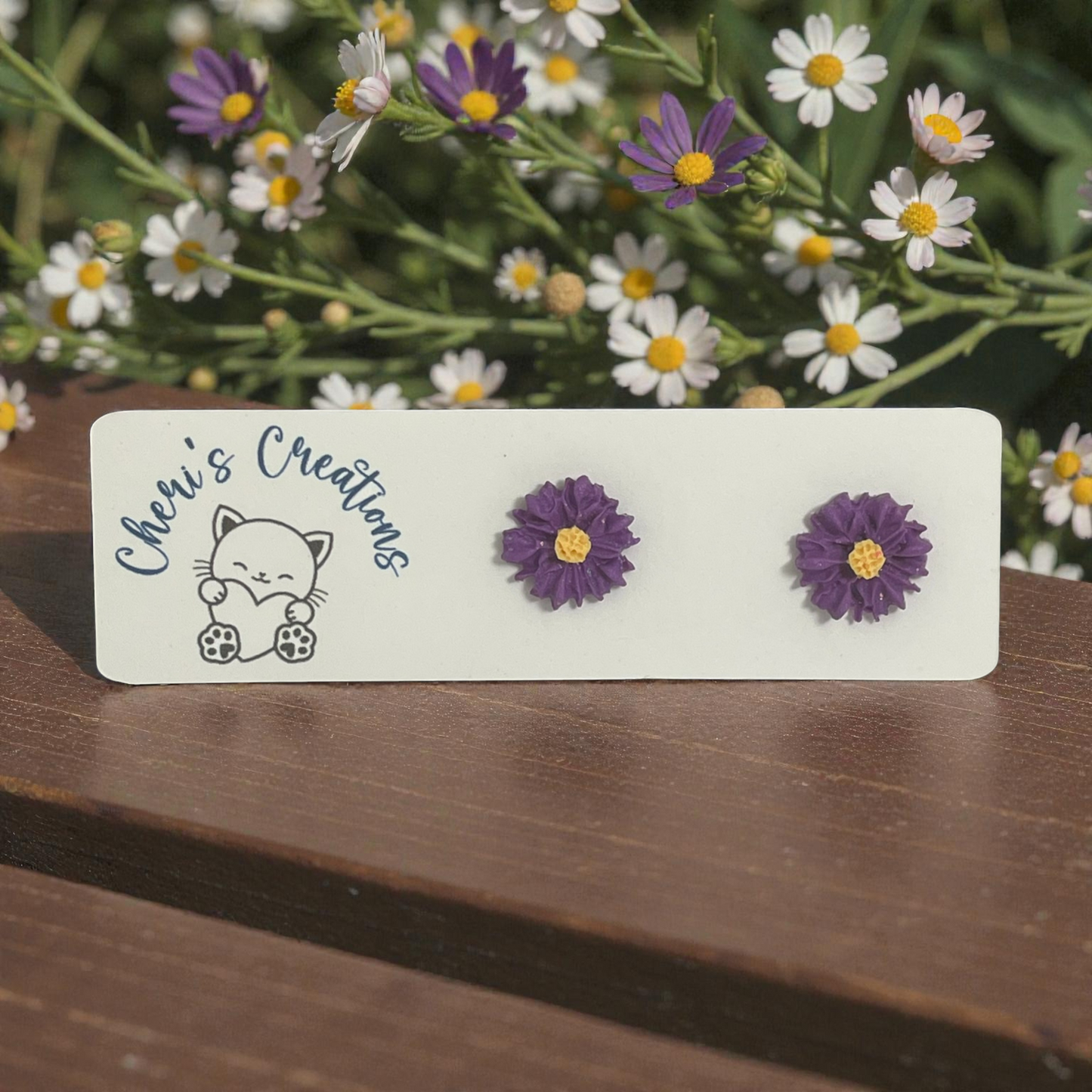 Purple Sunflower Studs – Handmade Polymer Clay Earrings