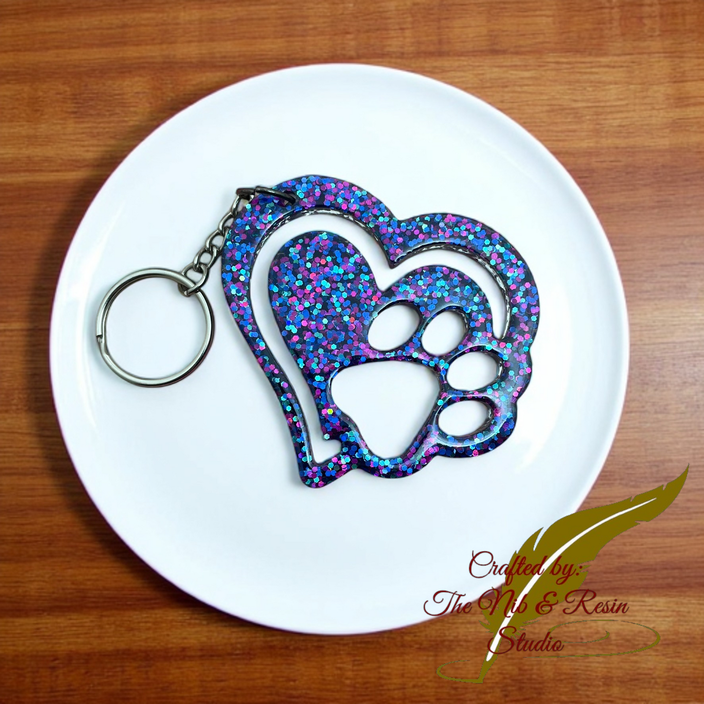 Heart & Paw Print Keychain - Multi-Color Glitter