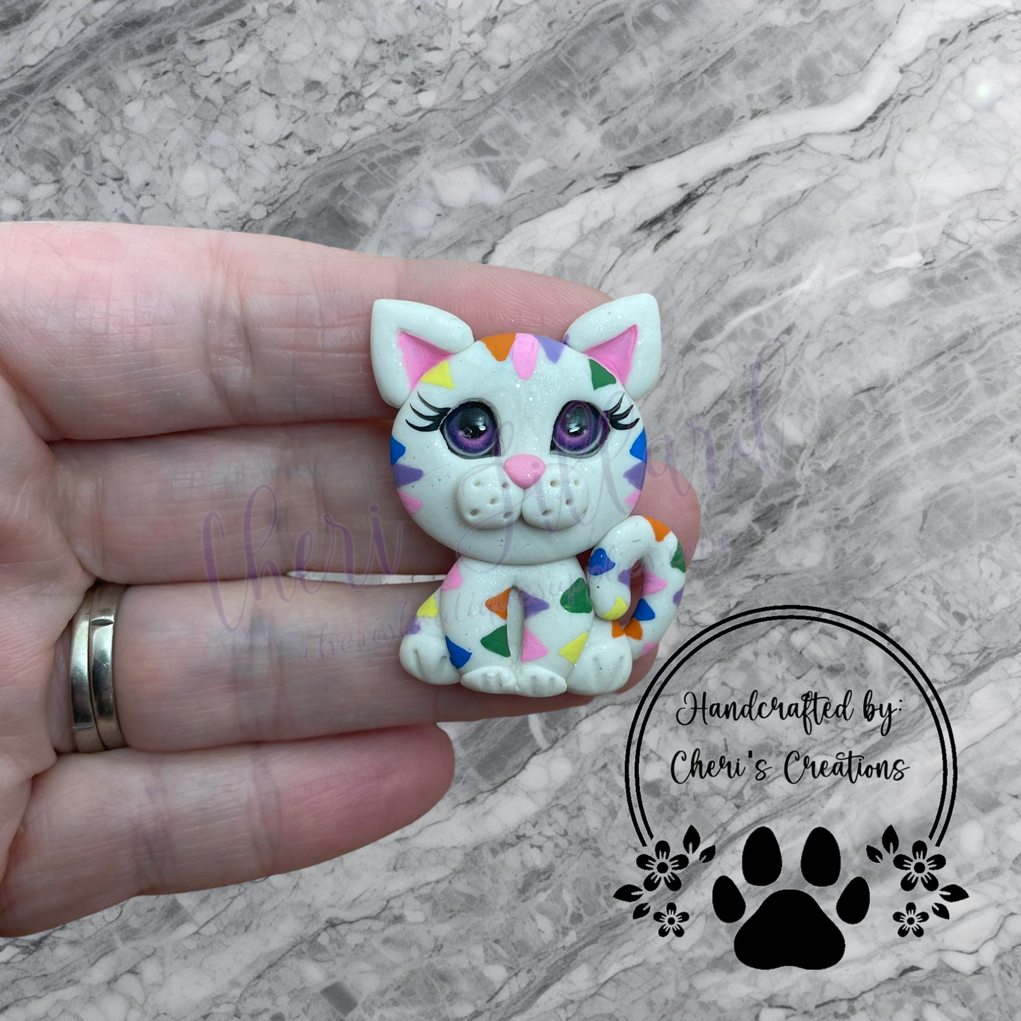 Rainbow Kitty Bow Center – Handmade Polymer Clay Embellishment
