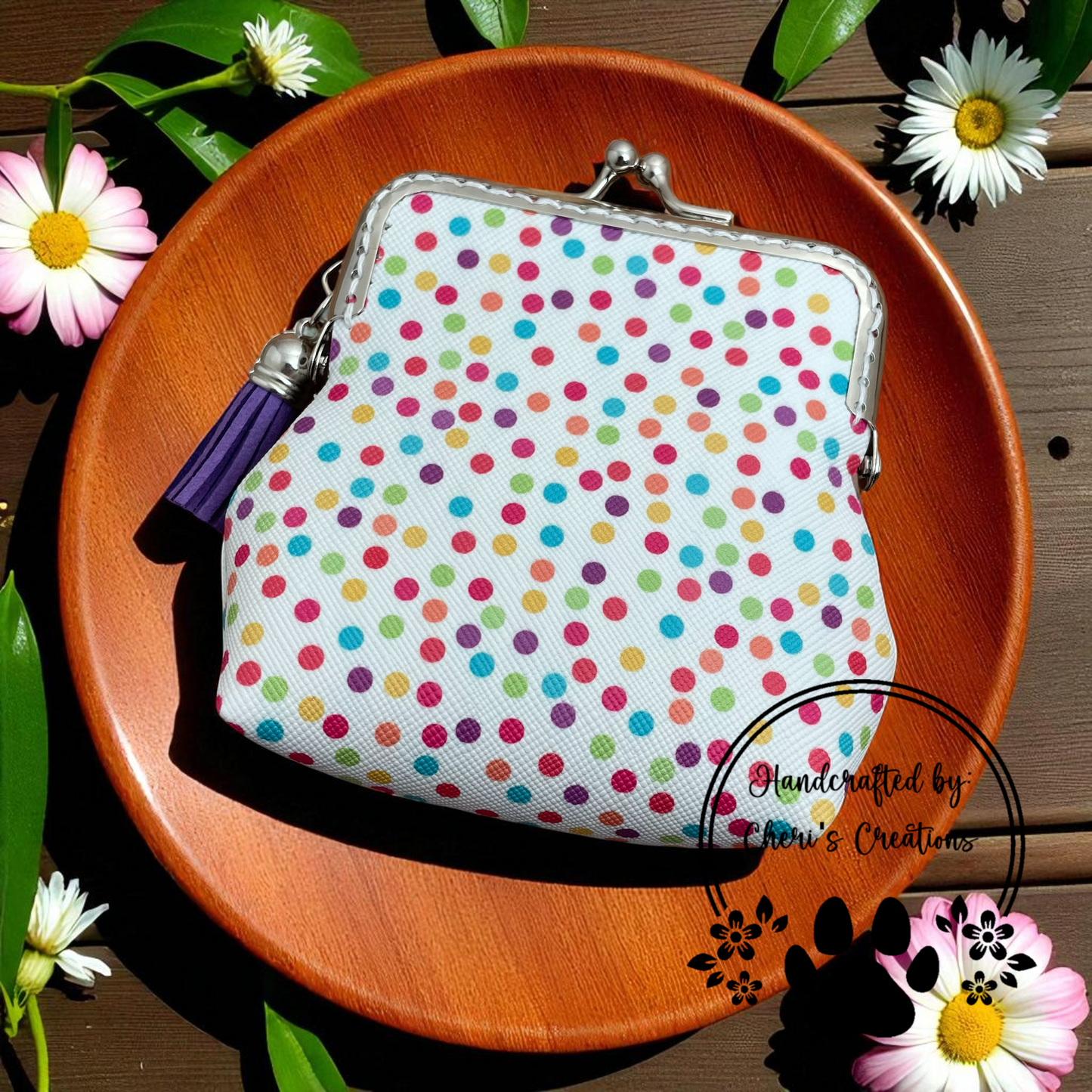 Rainbow Polka Dot Faux Leather Change Purse – Handmade Kiss Clasp Coin Pouch
