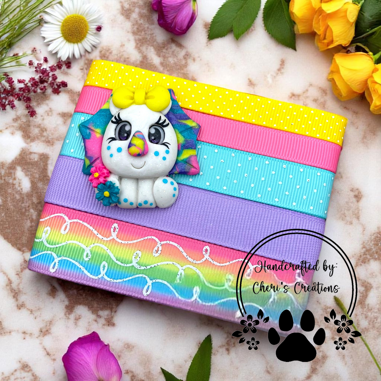 DIY Rainbow Triceratops Clay & Ribbon Kit – Handmade Polymer Clay Dinosaur for Bow Making, Crafting & DIY Accessories