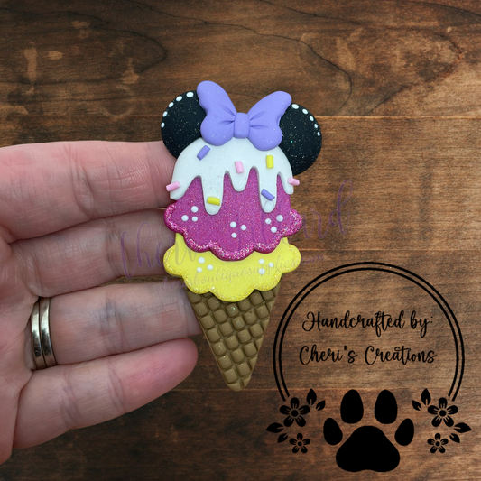 Raspberry Ice Cream Cone Bow Center – Handmade Polymer Clay Embellishment