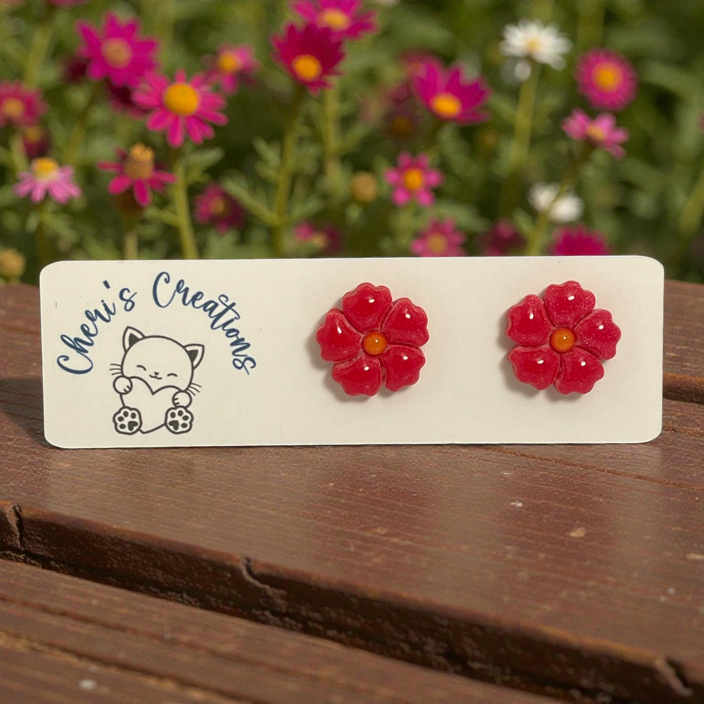 Red Flower Studs – Handmade Polymer Clay Earrings