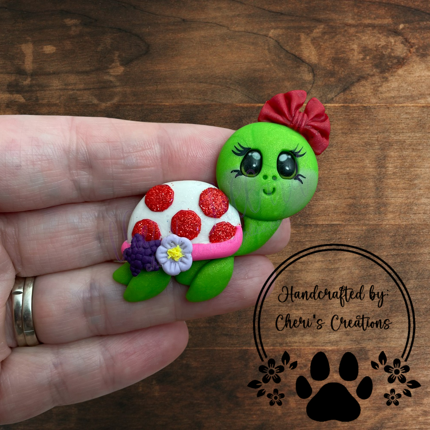Red Spotted Turtle Bow Center – Handmade Polymer Clay Embellishment