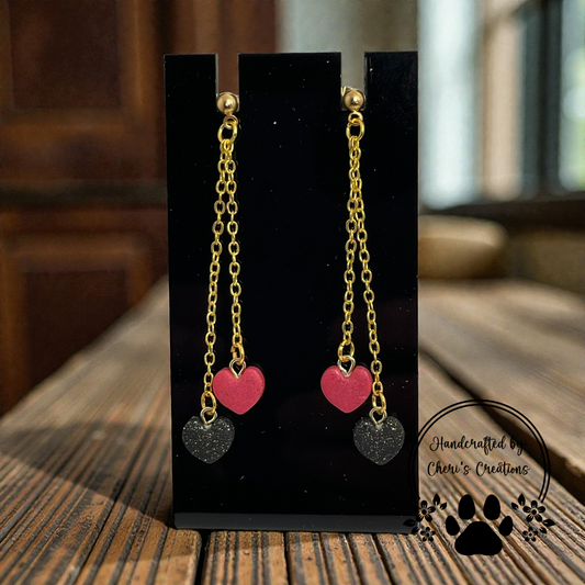 Red & Black Heart Dangle Earrings – Handmade Polymer Clay Earrings
