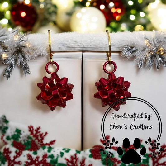 Festive Red Gift Bow Enamel Dangle Earrings