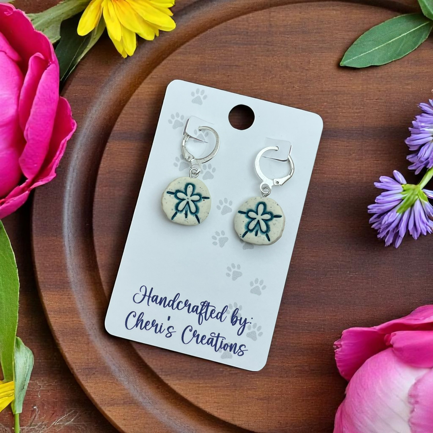 Handmade Sand Dollar Dangle Earrings | Creamy Granite Polymer Clay Earrings | Beach Jewelry