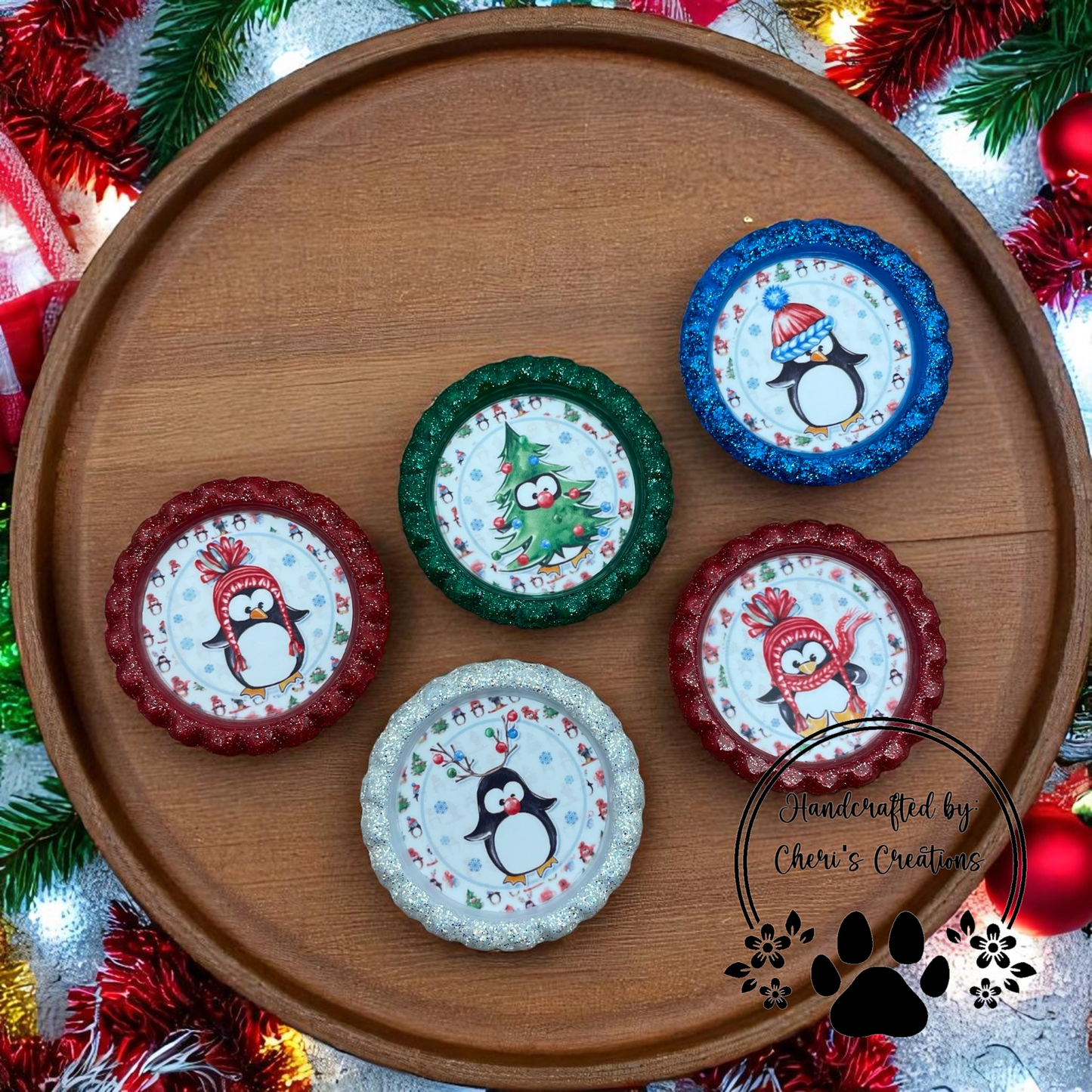 Silly Penguins Christmas Bottle Cap Set – Handpainted Craft Embellishments for Bow Making, Keychains & DIY Projects