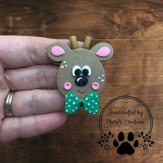 Christmas Reindeer Bow Center – Handmade Polymer Clay Embellishment