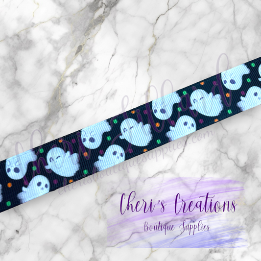 Spooky Halloween Floating Ghosts 5/8" 7/8" Grosgrain Ribbon by the Yard