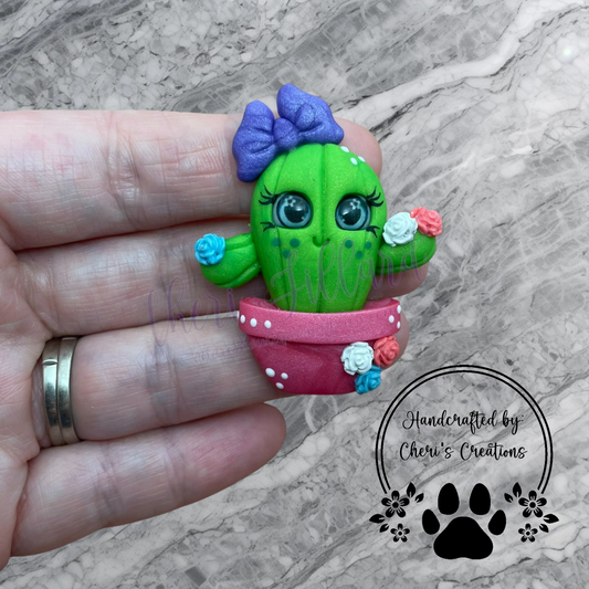 Spring Cactus Bow Center – Handmade Polymer Clay Embellishment
