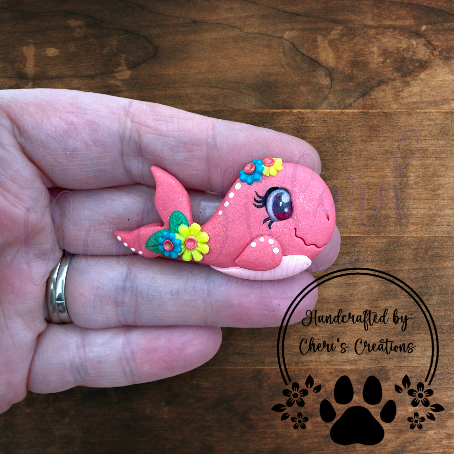 Coral Whale Bow Center – Handmade Polymer Clay Embellishment