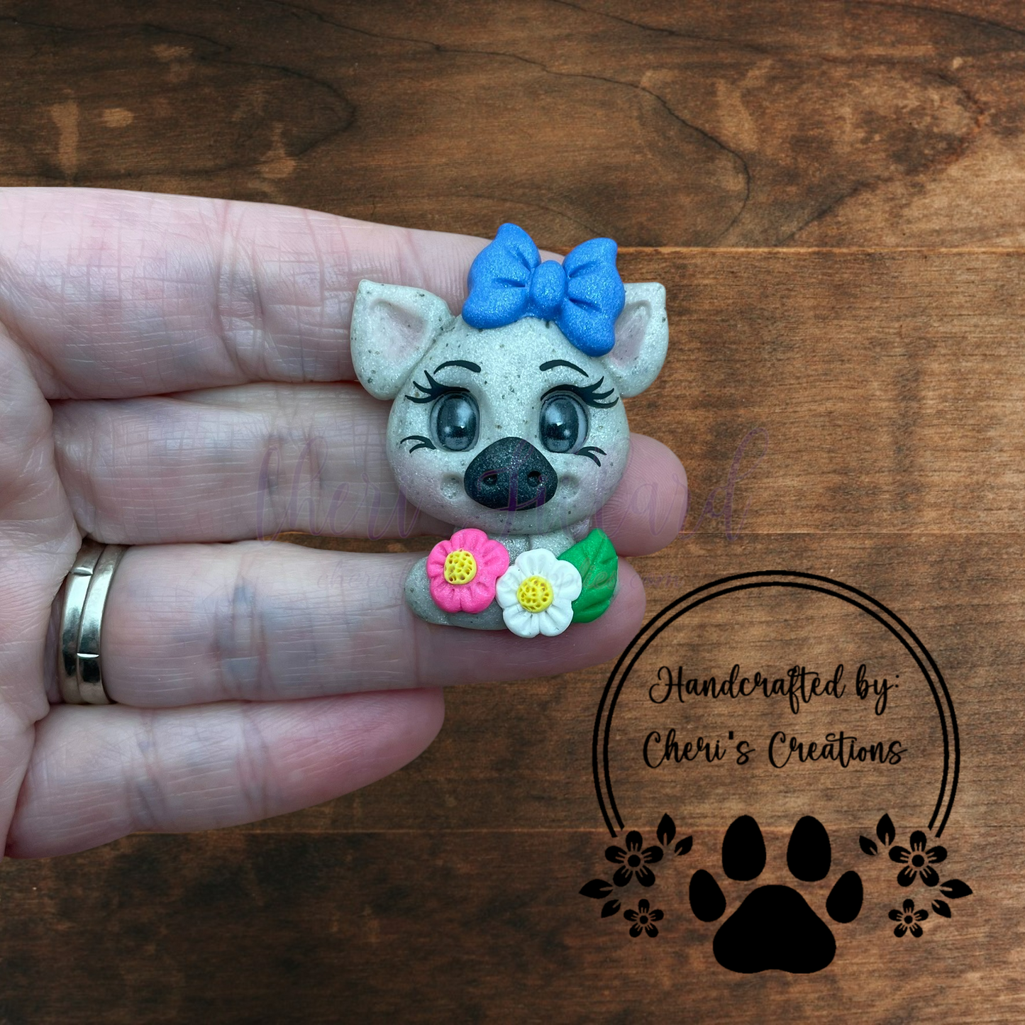 Spring Floral Piglet Bow Center – Handmade Polymer Clay Embellishment