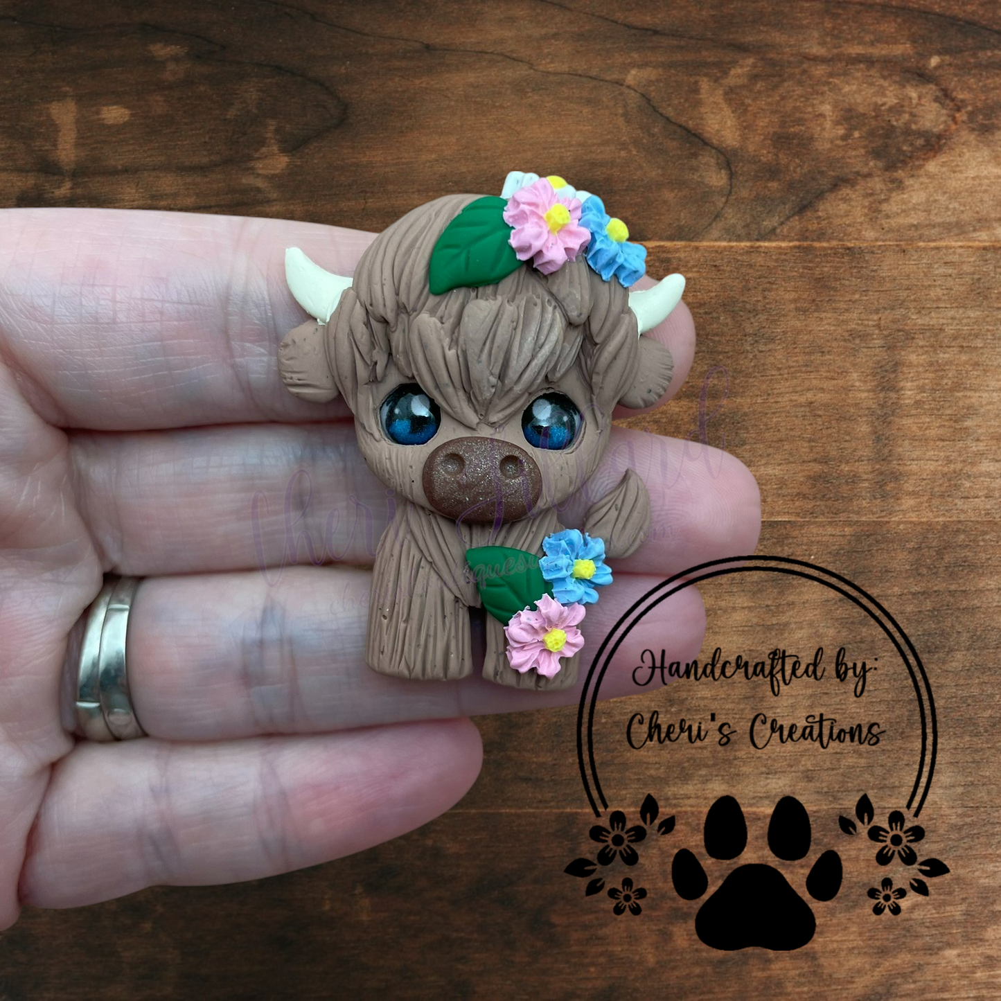Floral Highland Cow Bow Center – Handmade Polymer Clay Embellishment