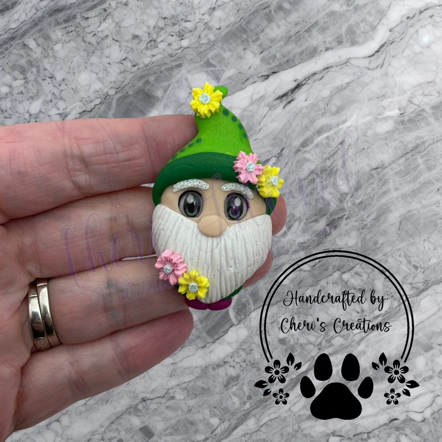 Spring Garden Gnome Bow Center – Handmade Polymer Clay Embellishment