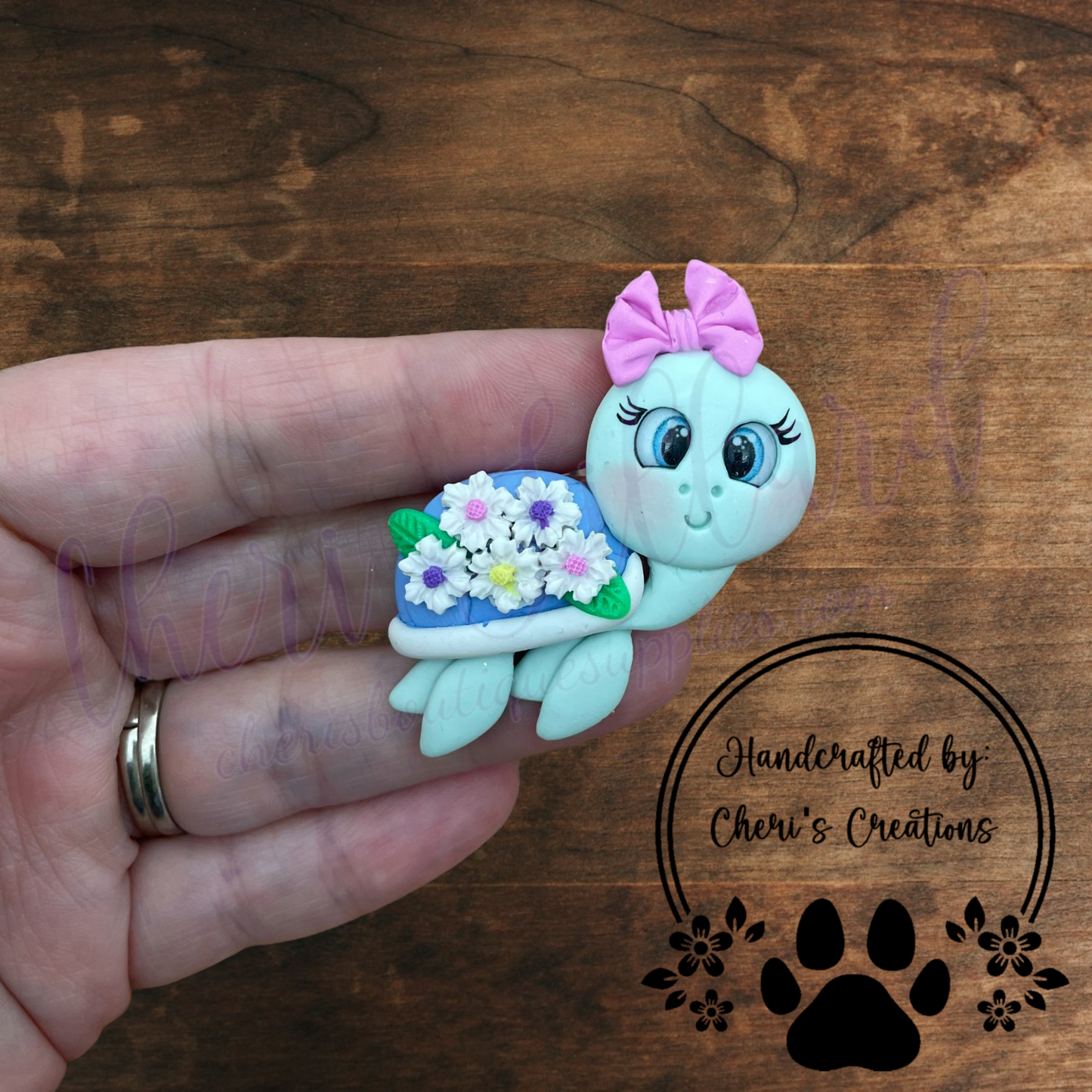 Pastel Floral Turtle Bow Center – Handmade Polymer Clay Embellishment