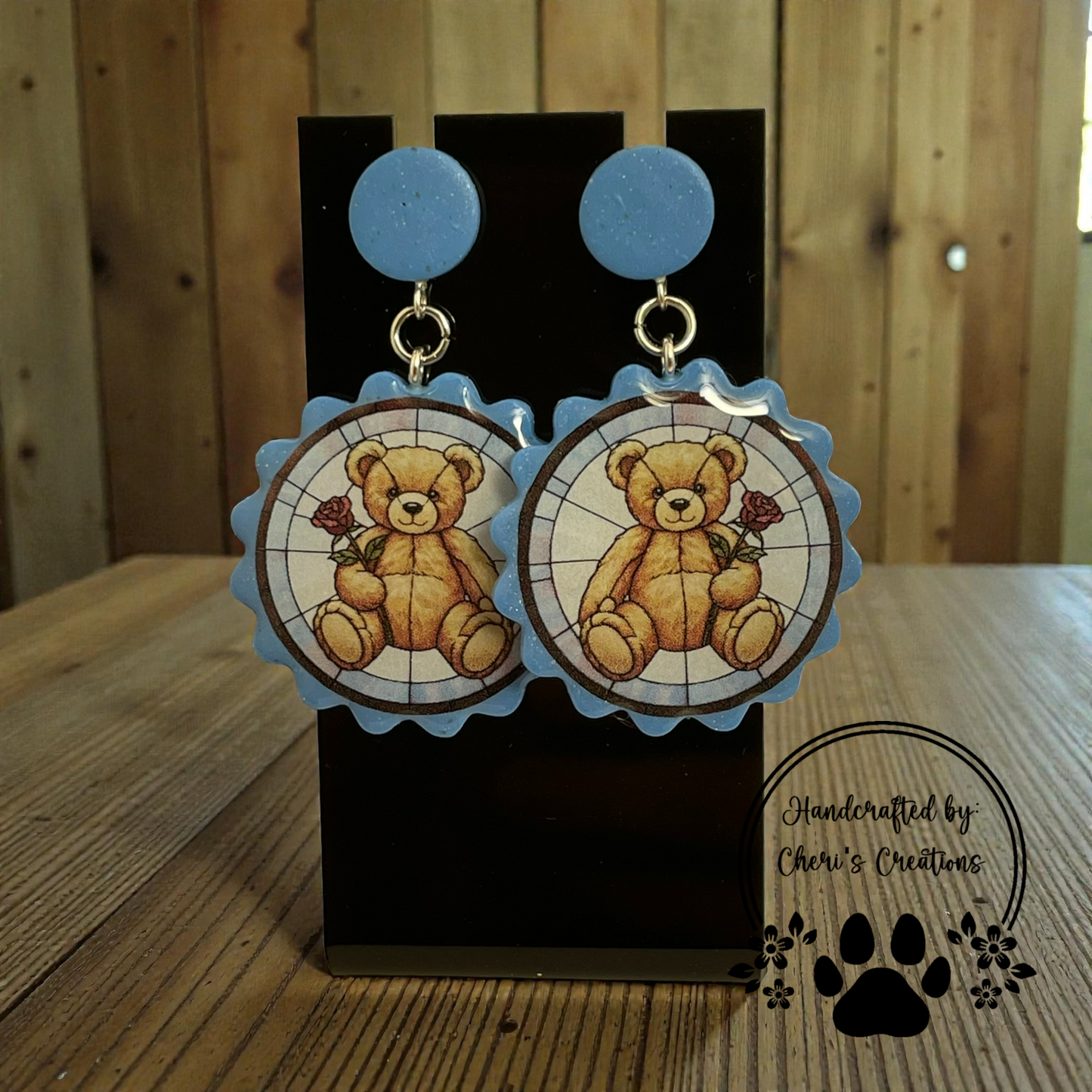 Stained Glass Teddy Bear Dangle Earrings – Handmade Polymer Clay Earrings