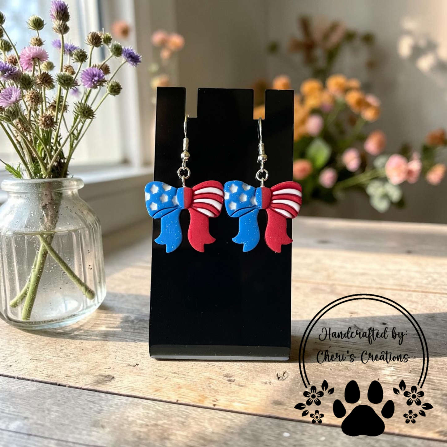 Stars & Stripes Bow Dangles - Handmade Polymer Clay Earrings