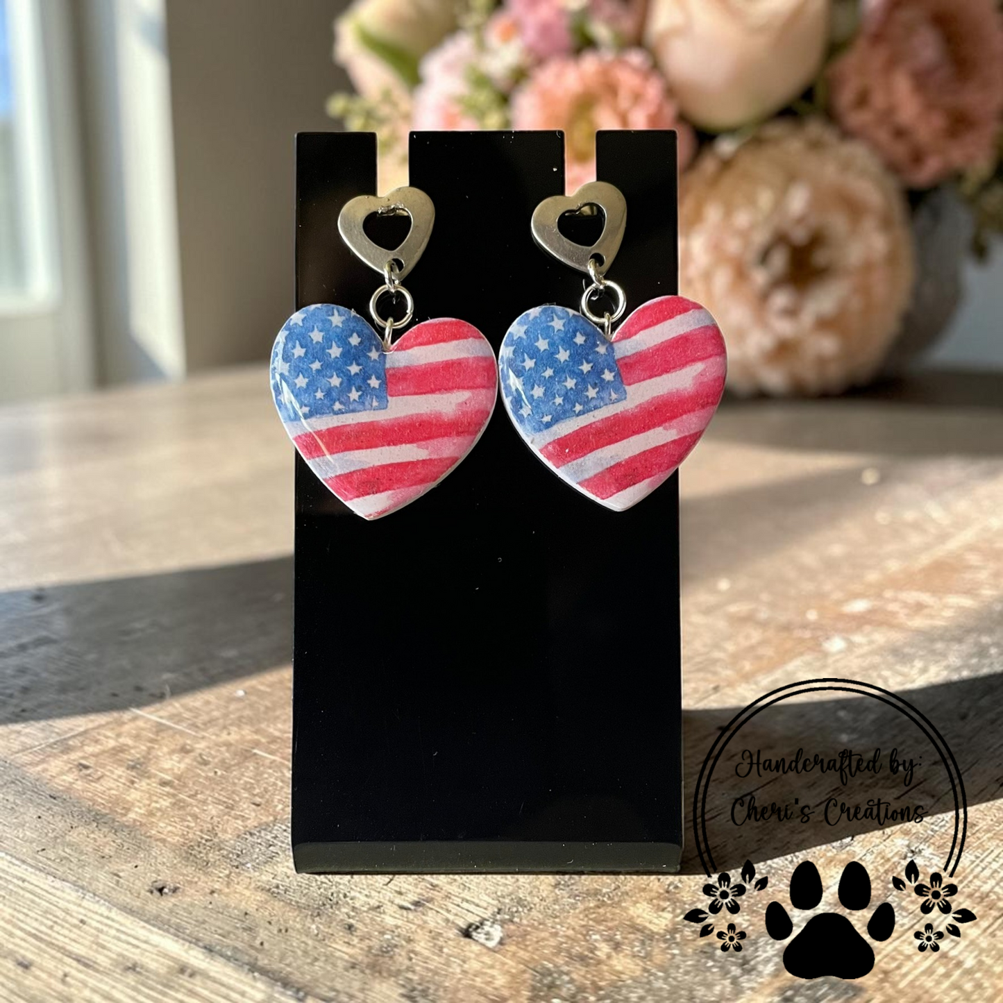 Stars & Stripes Heart Dangles - Handmade Polymer Clay Earrings