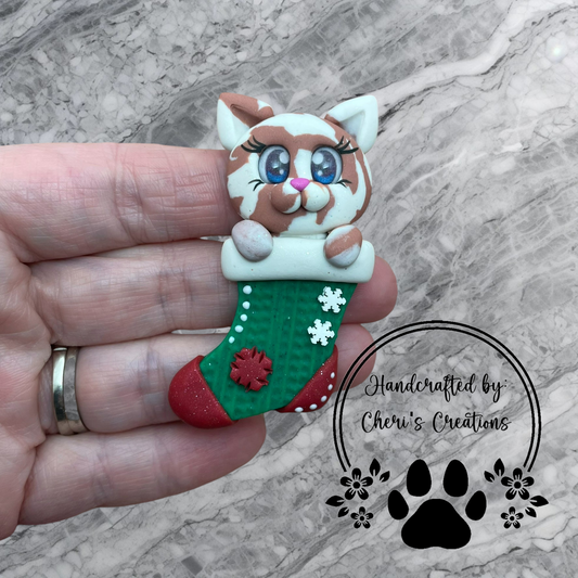 Festive Stocking Kitten Polymer Clay Embellishment