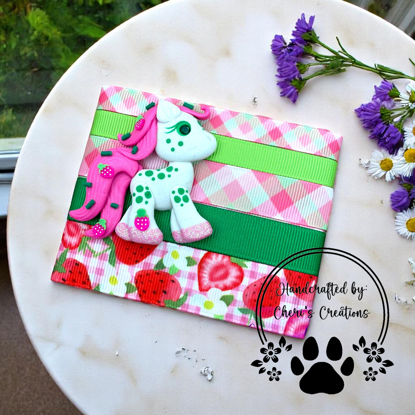 DIY Strawberry Pony Clay & Ribbon Kit – Handmade Polymer Clay Pony for Bow Making, Crafting & DIY Accessories