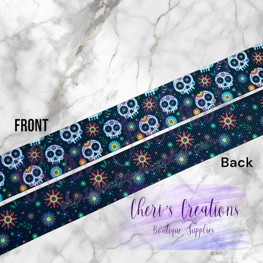 Dia de los Muertos Sugar Skull Celebration 7/8" Grosgrain Ribbon by the Yard