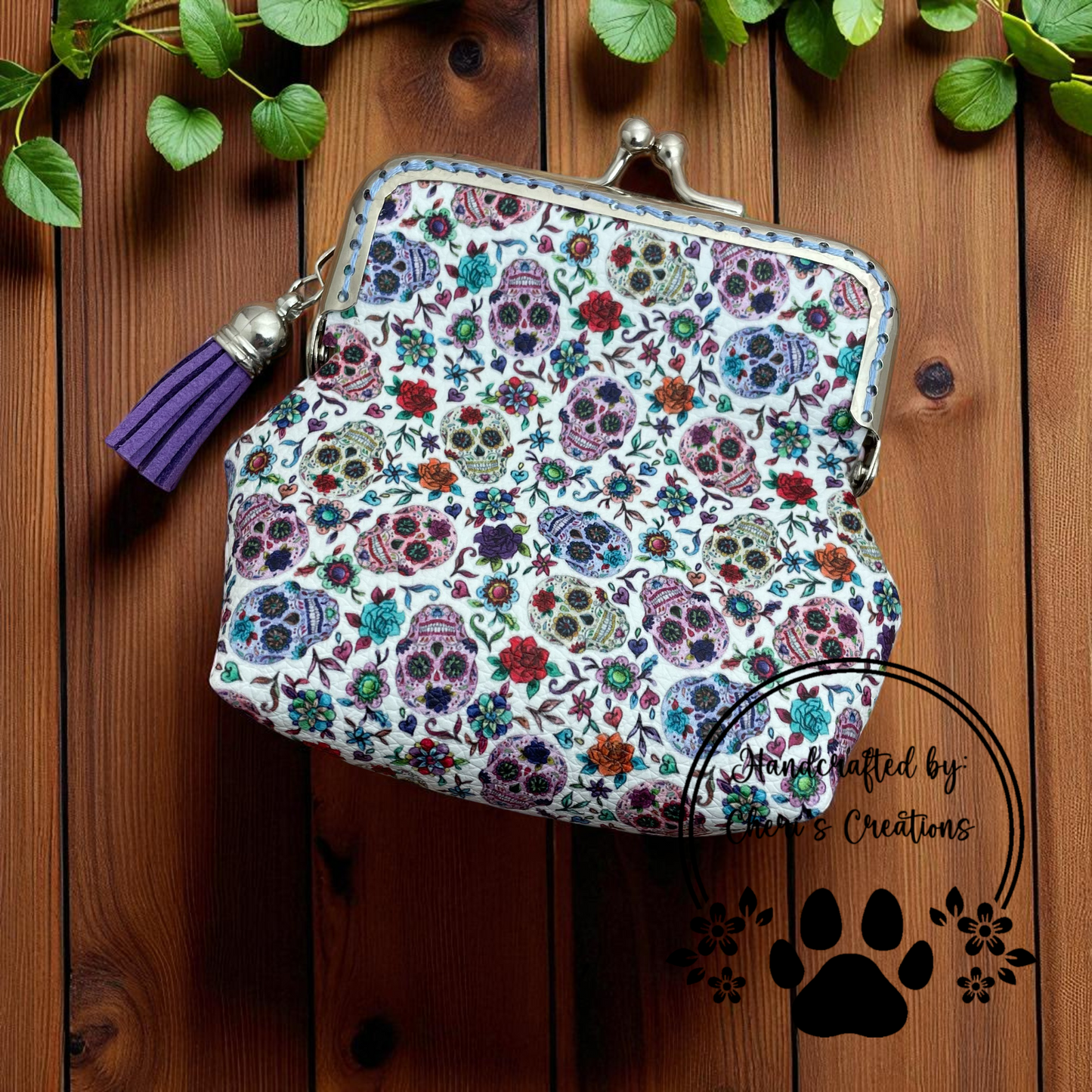Colorful Sugar Skull Faux Leather Change Purse – Handmade Kiss Clasp Coin Pouch