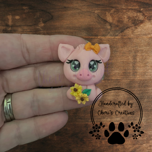 Sunflower Piglet Bow Center – Handmade Polymer Clay Embellishment