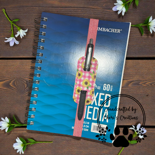 Pen Holder - Pink Gingham Sunflowers Elastic Pen Bookmark