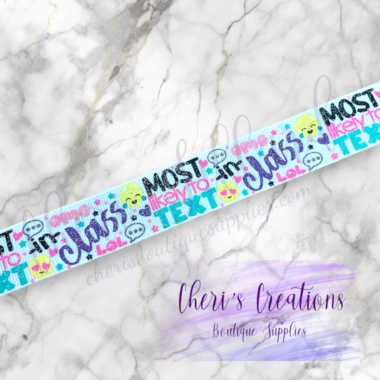 Back to School Most Likely to Text Glitter 7/8" Grosgrain Ribbon by the Yard