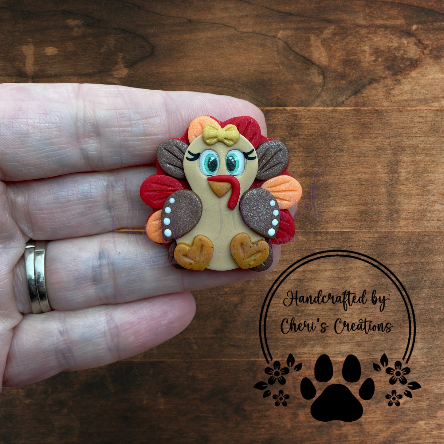 Fall Turkey Bow Center – Handmade Polymer Clay Embellishment