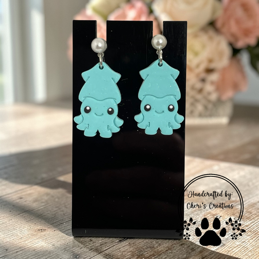 Light Turquoise Squid Dangles - Handmade Polymer Clay Earrings
